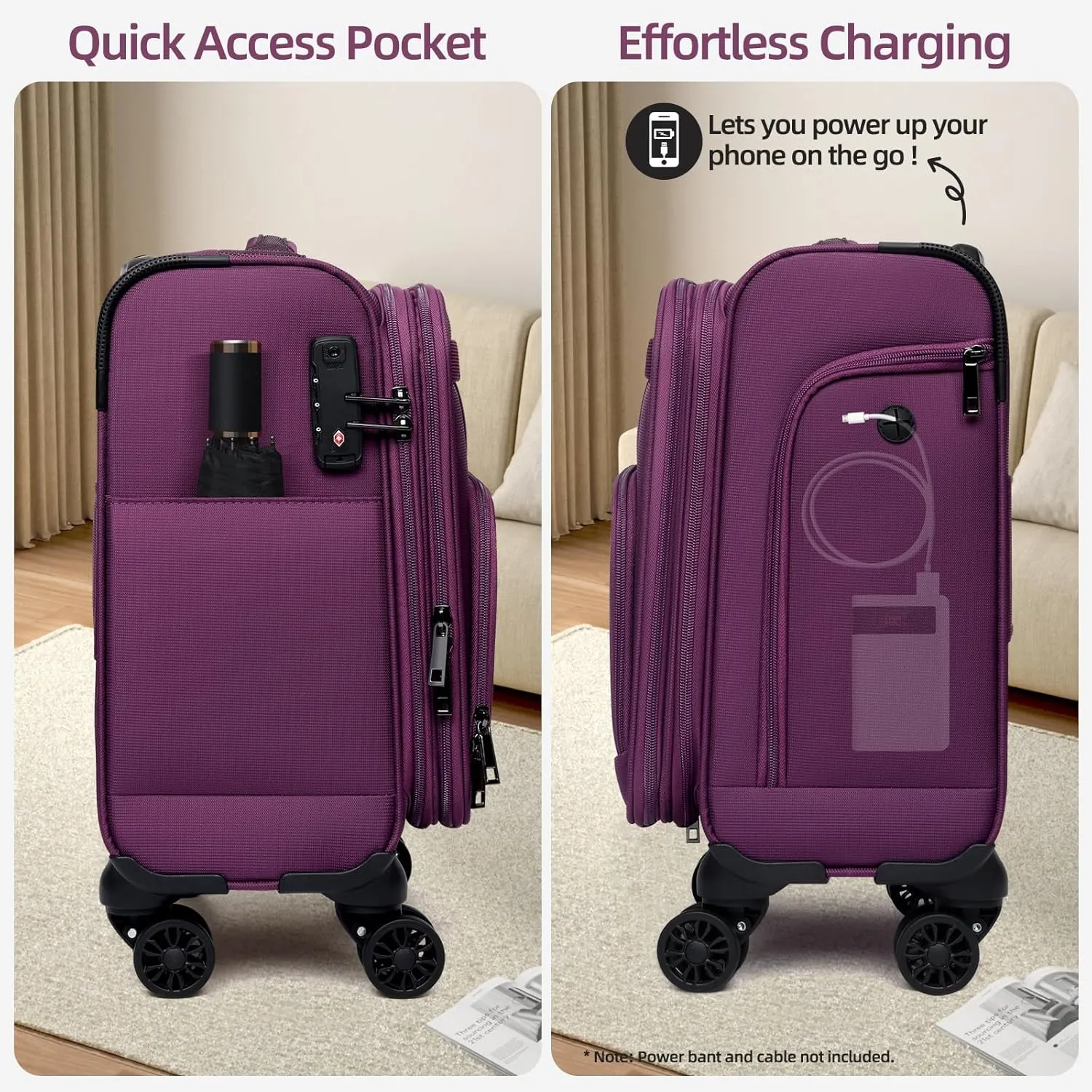 Underseater Carry-On Luggage Airline Approved with Spinner Wheels, 16 Inch Luggage with TSA Lock, Overnight Rolling Softside Suitcases for Women,Purple