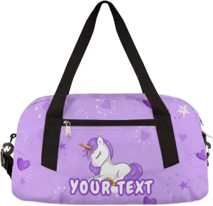 Unicorn Love Personalized Kids Duffel Bag for Girls, Lavender Color Customized Dance Bag Overnight Small Duffel Bag Carry On Weekend Sports Gym Travel Bag for School Practice Gymnastics Ballet