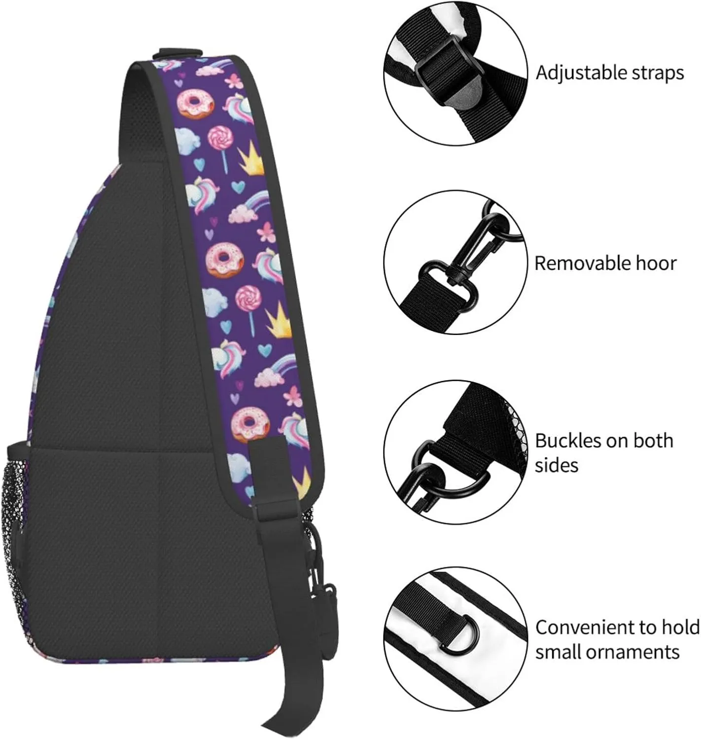 Unicorns Rainbow Donut Lollipop Crown Star Heart Sling Bag Casual Crossbody Bag Sports Shoulder Backpack Travel Chest Pack Cycling Cross Bags Gym Hiking Daypack