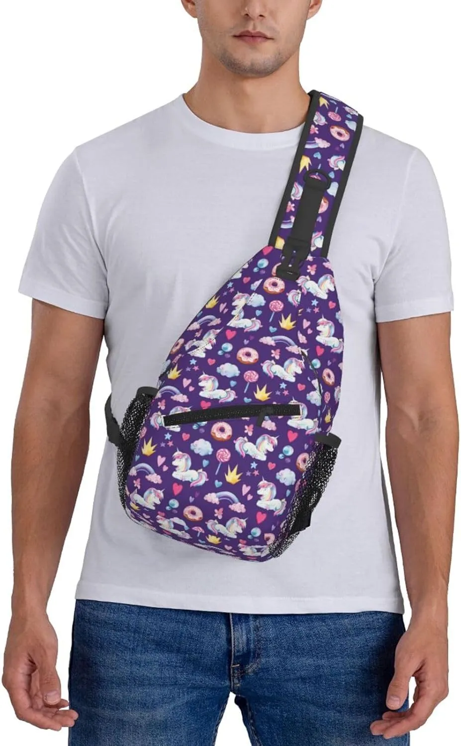 Unicorns Rainbow Donut Lollipop Crown Star Heart Sling Bag Casual Crossbody Bag Sports Shoulder Backpack Travel Chest Pack Cycling Cross Bags Gym Hiking Daypack