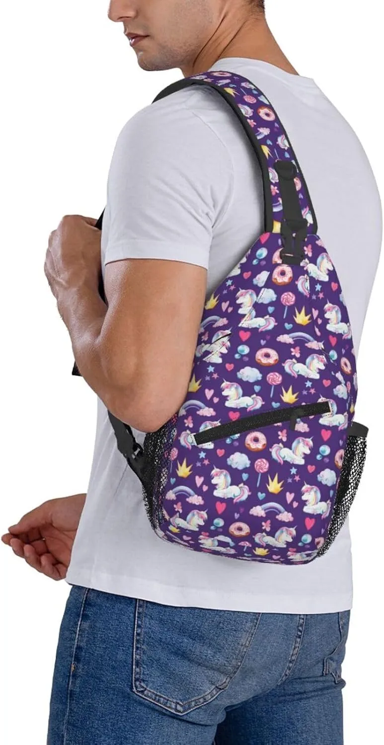 Unicorns Rainbow Donut Lollipop Crown Star Heart Sling Bag Casual Crossbody Bag Sports Shoulder Backpack Travel Chest Pack Cycling Cross Bags Gym Hiking Daypack