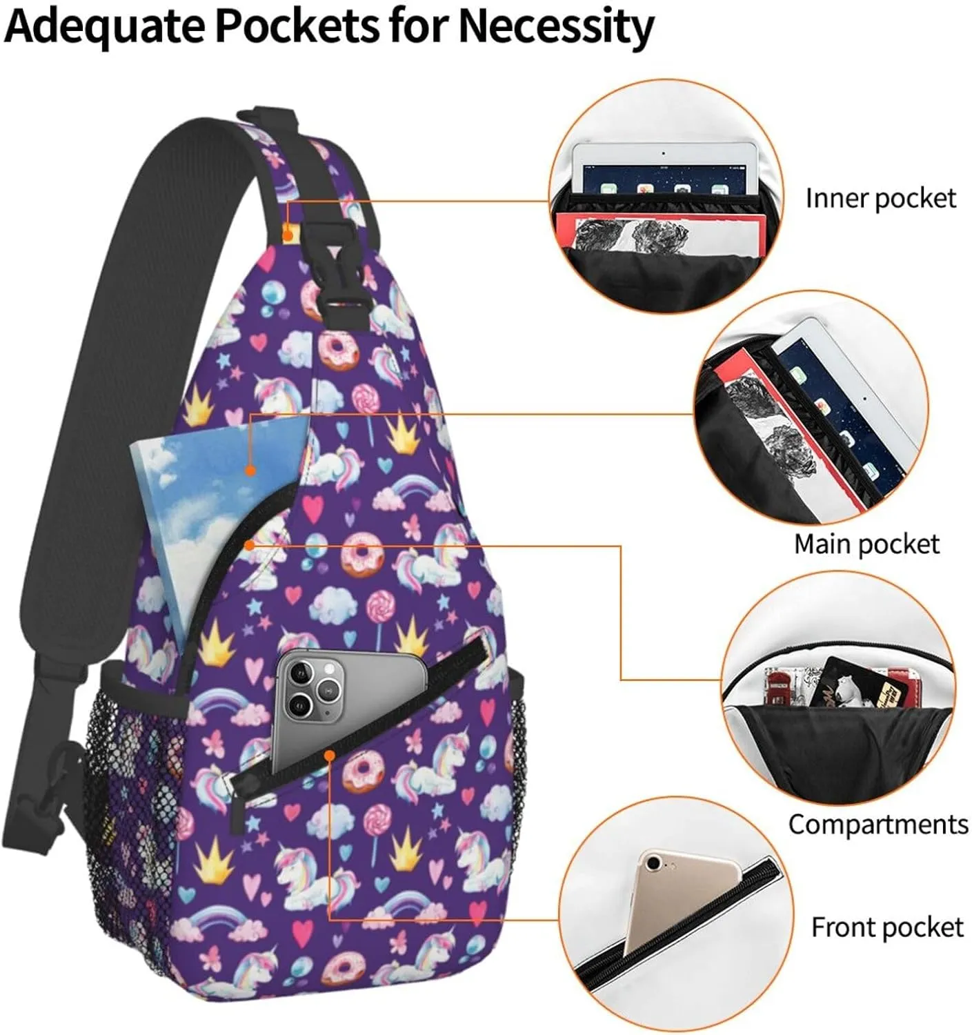Unicorns Rainbow Donut Lollipop Crown Star Heart Sling Bag Casual Crossbody Bag Sports Shoulder Backpack Travel Chest Pack Cycling Cross Bags Gym Hiking Daypack