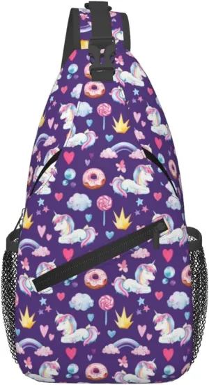 Unicorns Rainbow Donut Lollipop Crown Star Heart Sling Bag Casual Crossbody Bag Sports Shoulder Backpack Travel Chest Pack Cycling Cross Bags Gym Hiking Daypack