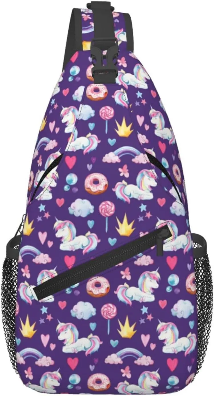 Unicorns Rainbow Donut Lollipop Crown Star Heart Sling Bag Casual Crossbody Bag Sports Shoulder Backpack Travel Chest Pack Cycling Cross Bags Gym Hiking Daypack