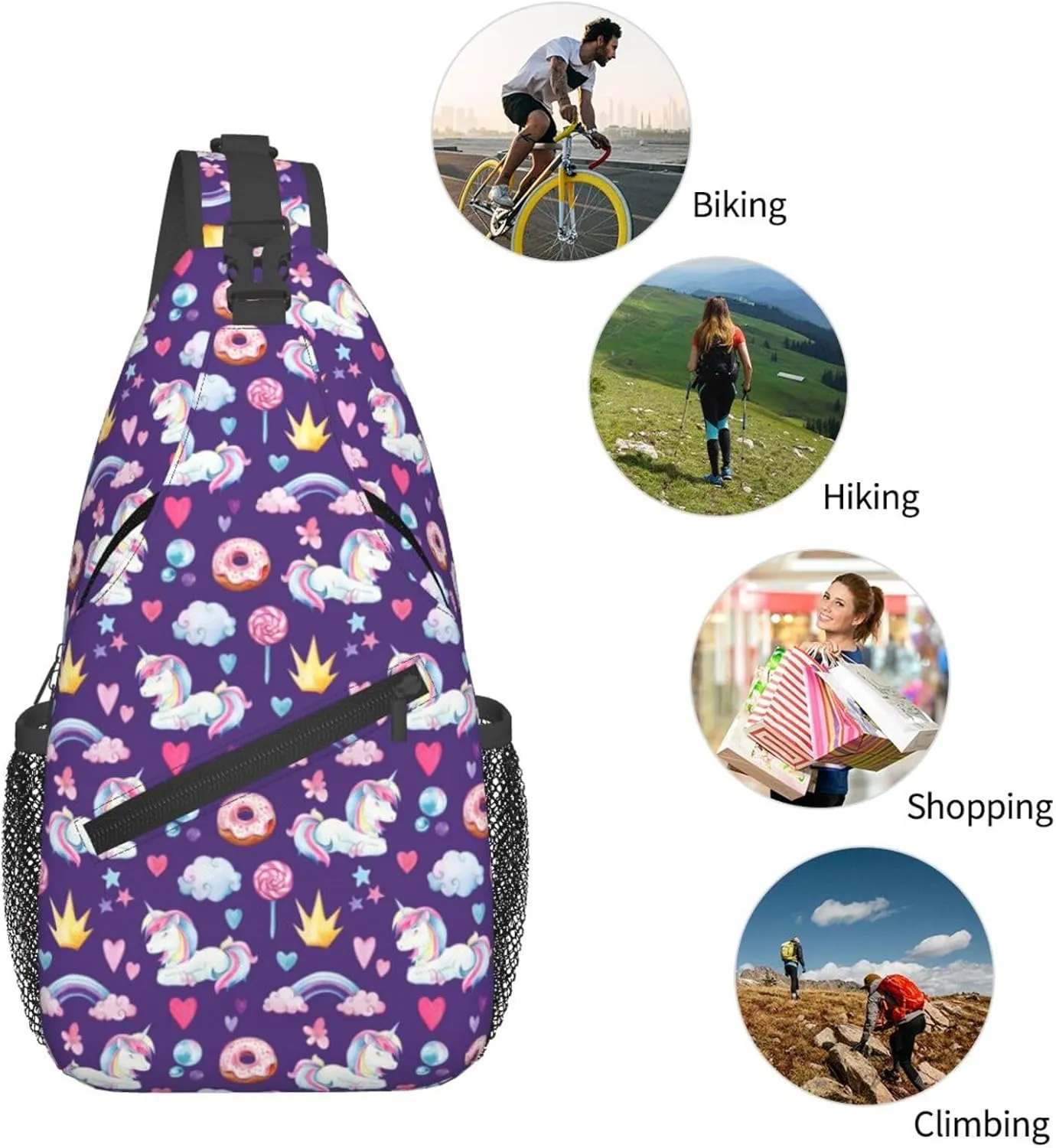 Unicorns Rainbow Donut Lollipop Crown Star Heart Sling Bag Casual Crossbody Bag Sports Shoulder Backpack Travel Chest Pack Cycling Cross Bags Gym Hiking Daypack