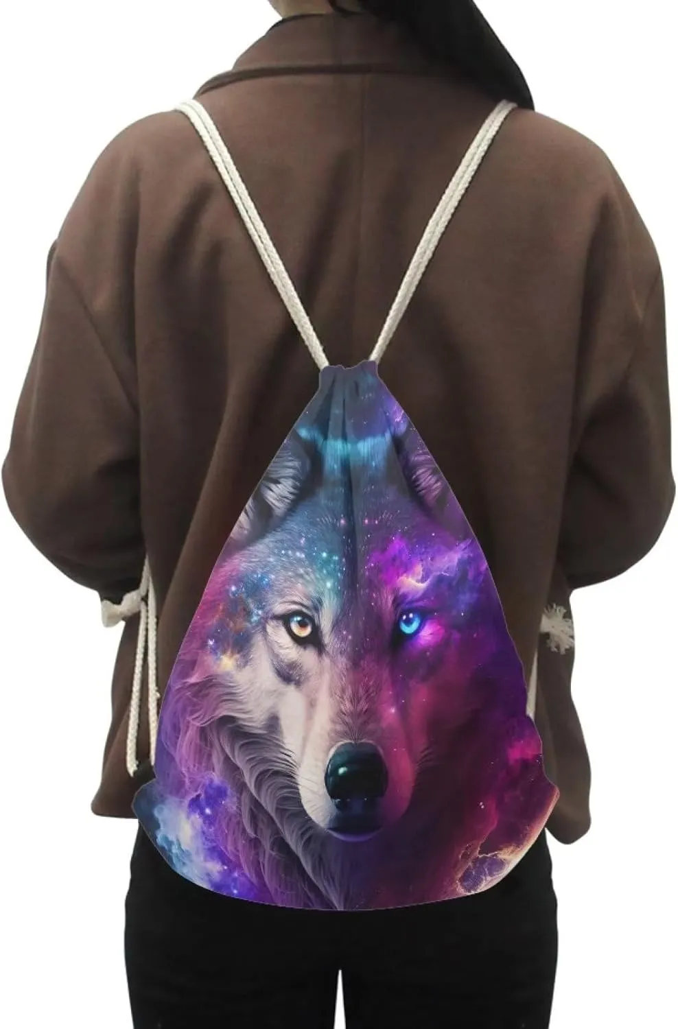 Upetstory Galaxy Wolf Backpack Gym Drawstring Bags Hiking Daypacks Swimming Bags Sport Trip Yoga Cinch Sack Pack for Hiking Cycling Camping Running