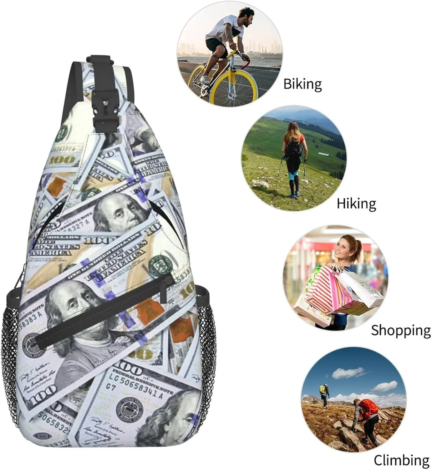 Us Bill Dollars Money Sling Backpack Chest Bag Crossbody Shoulder Bag Gym Cycling Travel Hiking Daypack For Men Women