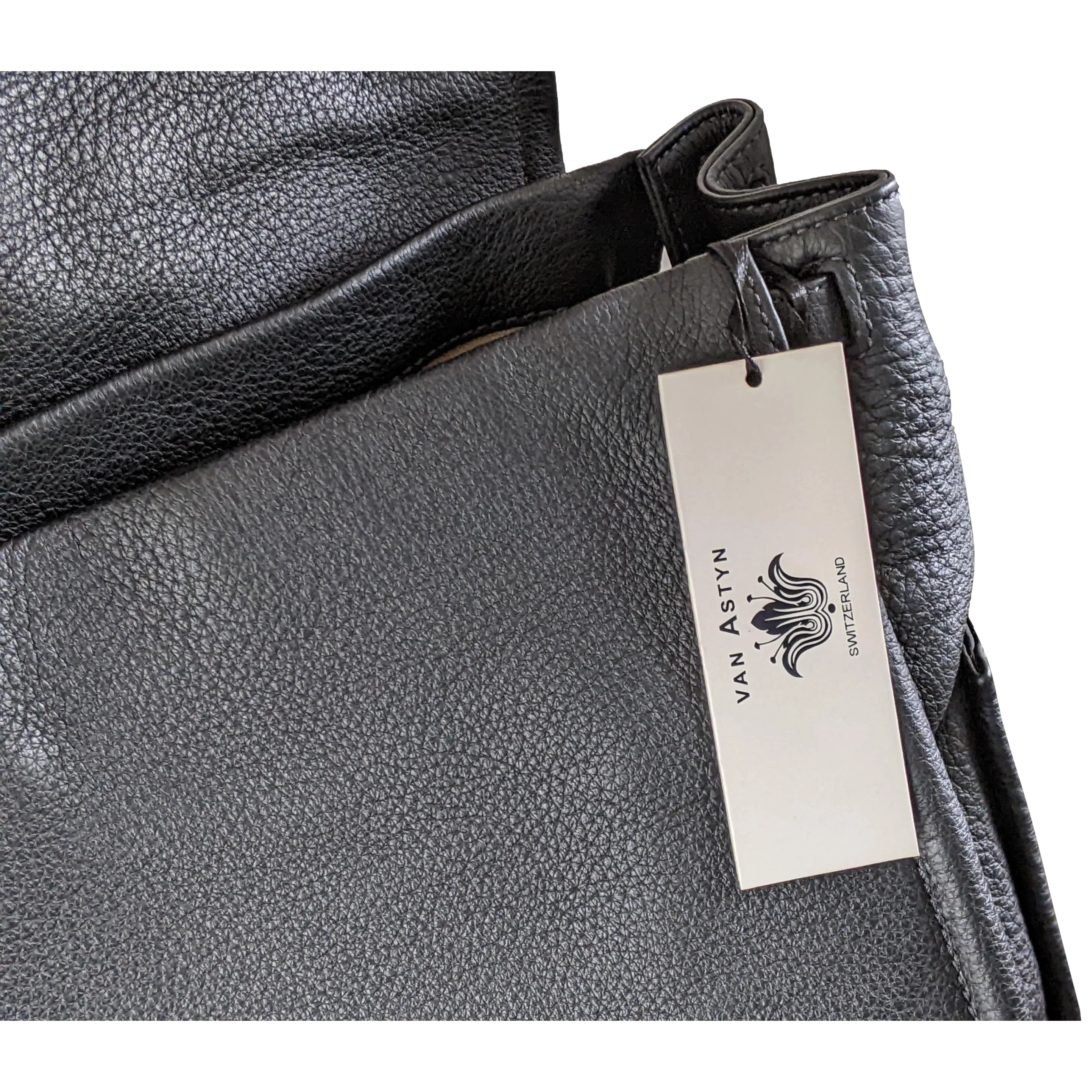 VAN ASTYN ZURICH Black Grained Calfskin & Barenia Courrier Messenger Bag GM 38 cm, New with Dustbag, Made in Switzerland!