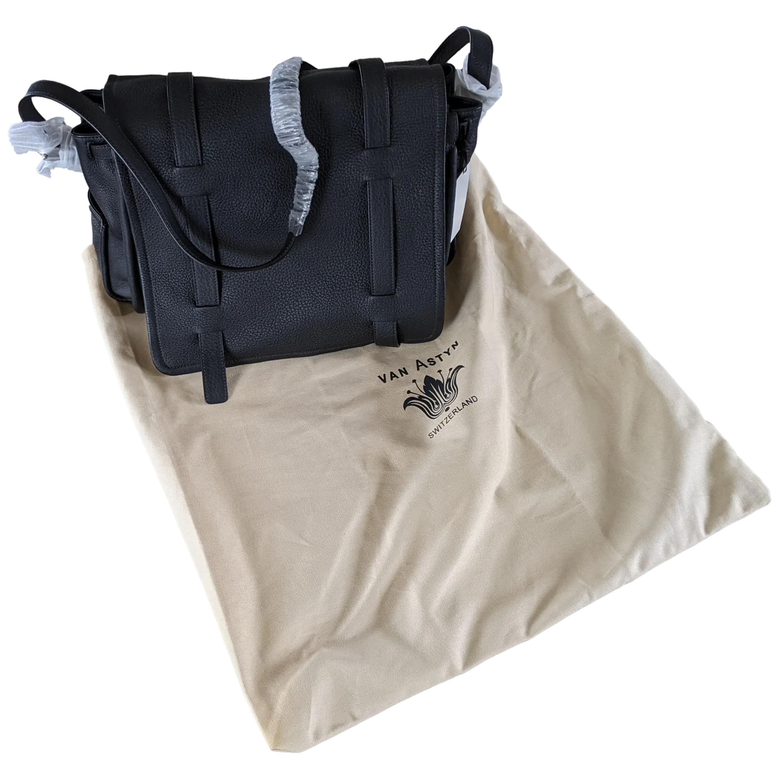 VAN ASTYN ZURICH Black Grained Calfskin & Barenia Courrier Messenger Bag GM 38 cm, New with Dustbag, Made in Switzerland!
