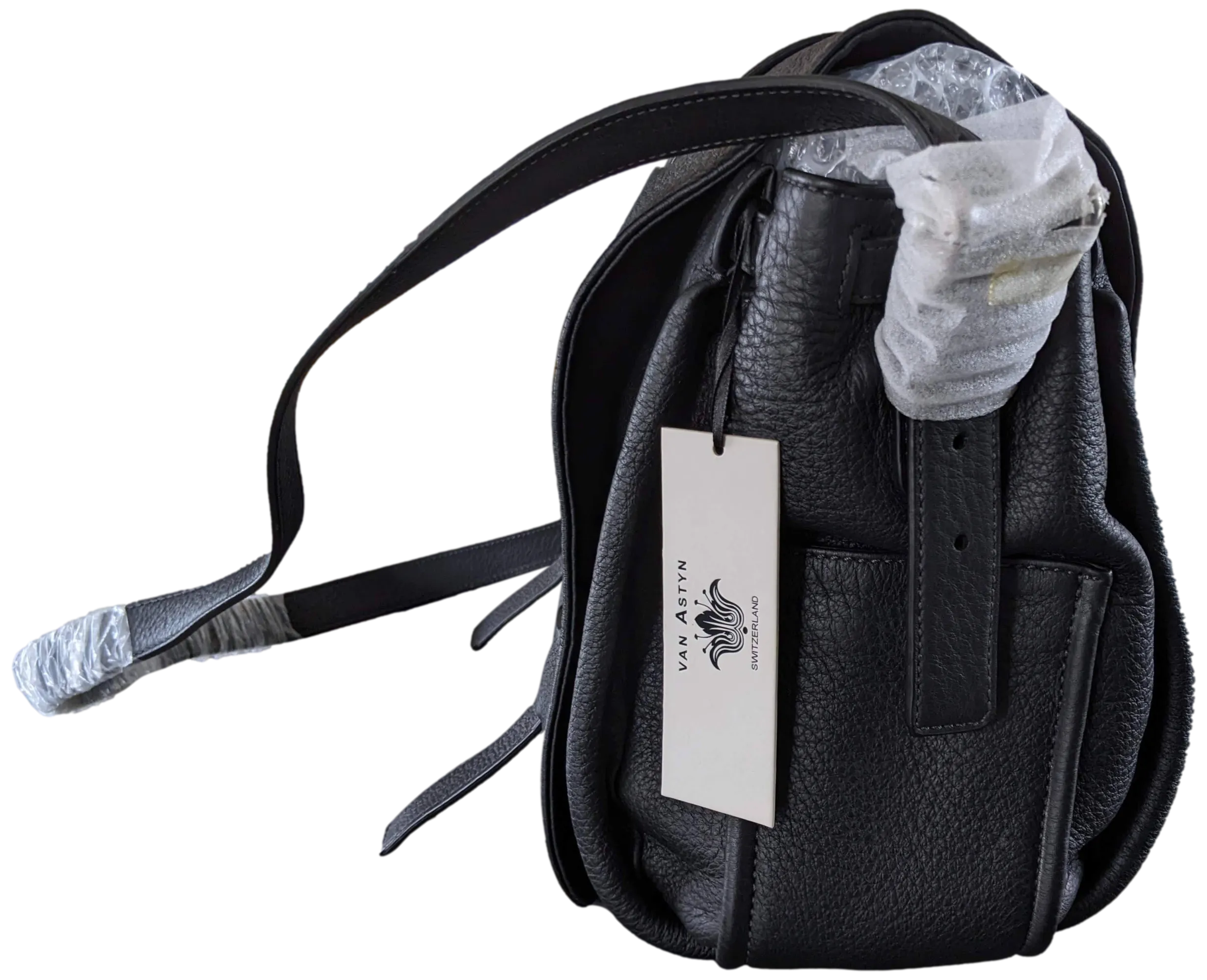 VAN ASTYN ZURICH Black Grained Calfskin & Barenia Courrier Messenger Bag GM 38 cm, New with Dustbag, Made in Switzerland!