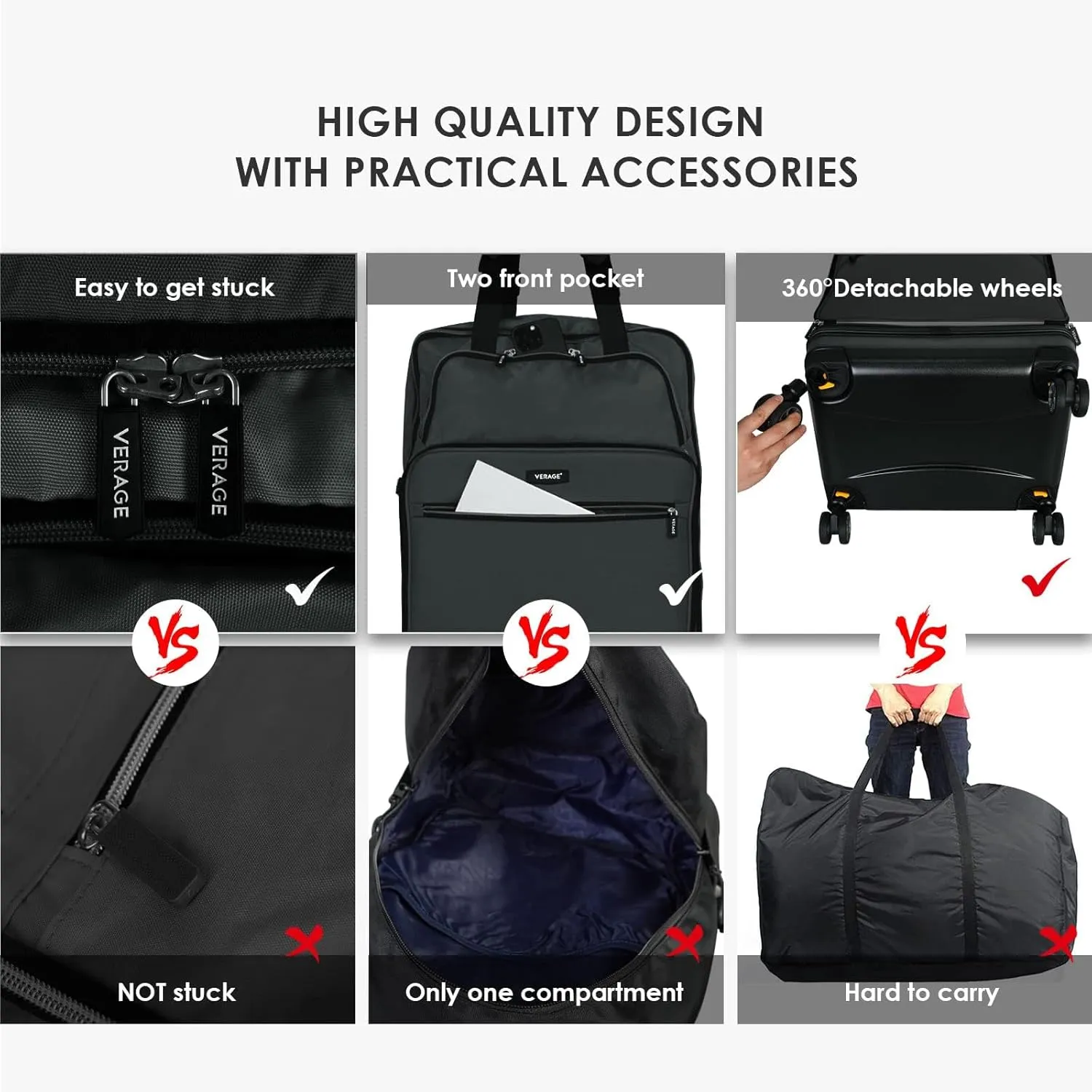 Verage Expandable Foldable Luggage Bag Collapsible Suitcases Rolling Travel Duffel Bag Larger Suit Case with Detachable Spinner Wheels (Black, Checked-In Pro (24-Inch Expands into 28-Inch))