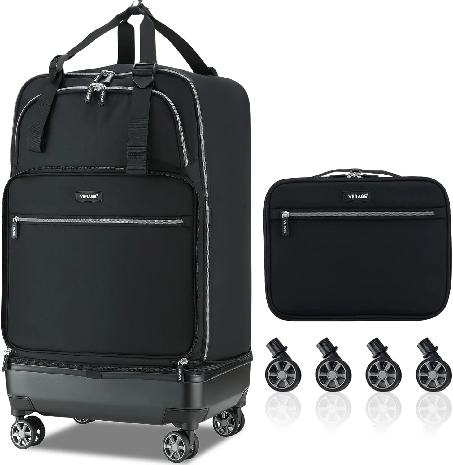 Verage Expandable Foldable Luggage Bag Collapsible Suitcases Rolling Travel Duffel Bag Larger Suit Case with Detachable Spinner Wheels (Black, Checked-In Pro (24-Inch Expands into 28-Inch))