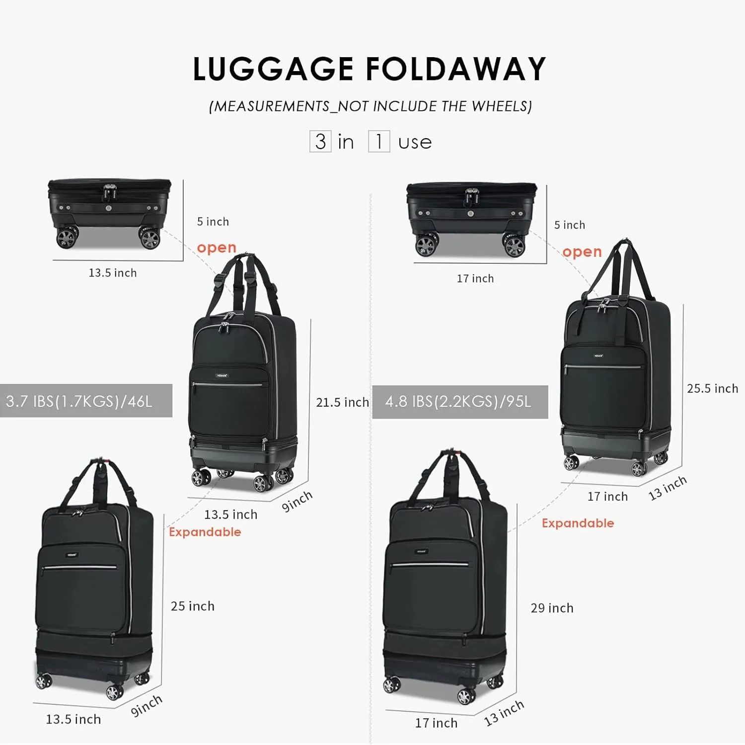 Verage Expandable Foldable Luggage Bag Collapsible Suitcases Rolling Travel Duffel Bag Larger Suit Case with Detachable Spinner Wheels (Black, Checked-In Pro (24-Inch Expands into 28-Inch))
