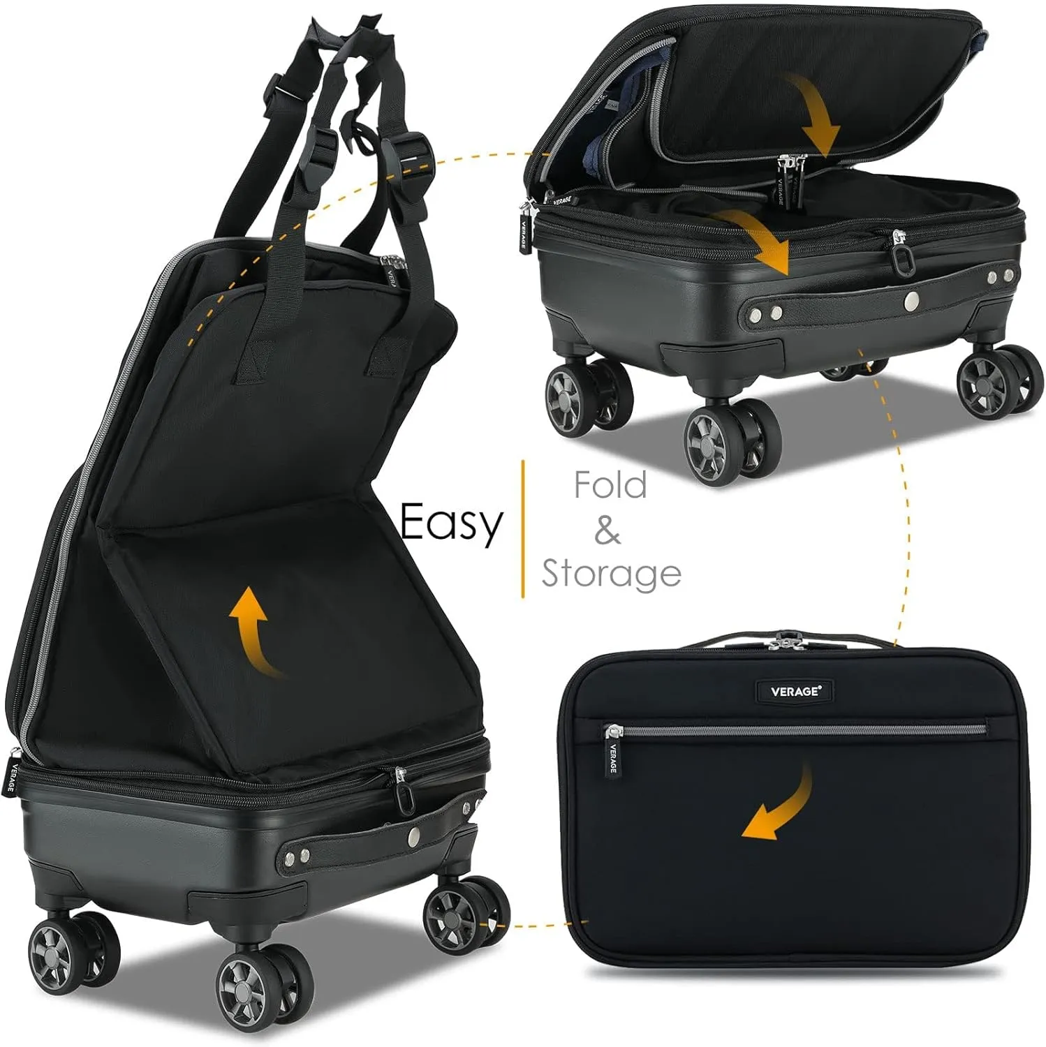 Verage Expandable Foldable Luggage Bag Collapsible Suitcases Rolling Travel Duffel Bag Larger Suit Case with Detachable Spinner Wheels (Black, Checked-In Pro (24-Inch Expands into 28-Inch))