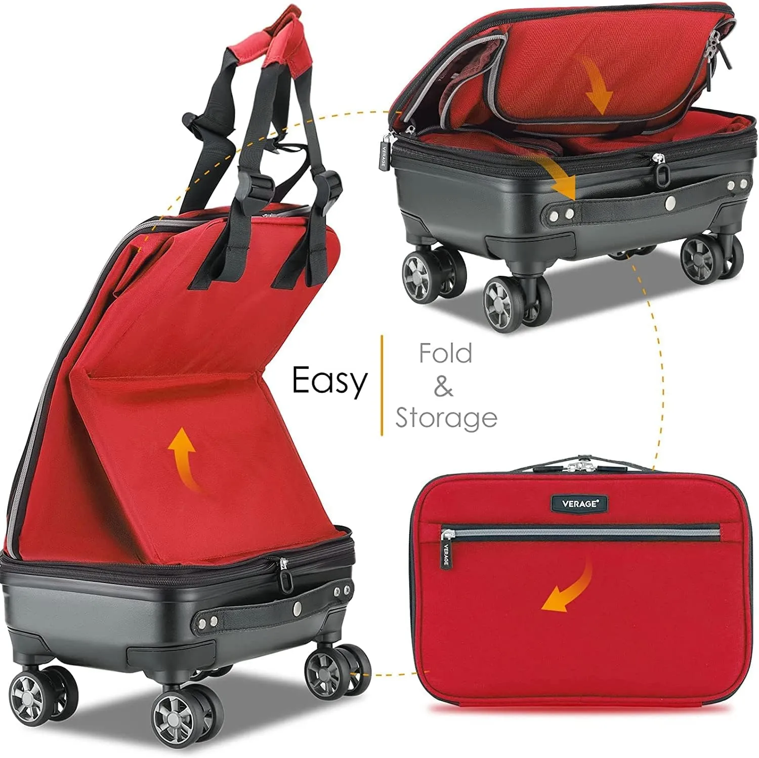 Verage Expandable Foldable Luggage Bag Collapsible Suitcases Rolling Travel Duffel Bag Larger Suit Case with Detachable Spinner Wheels,Red,24 Inch Expands into 28 Inch