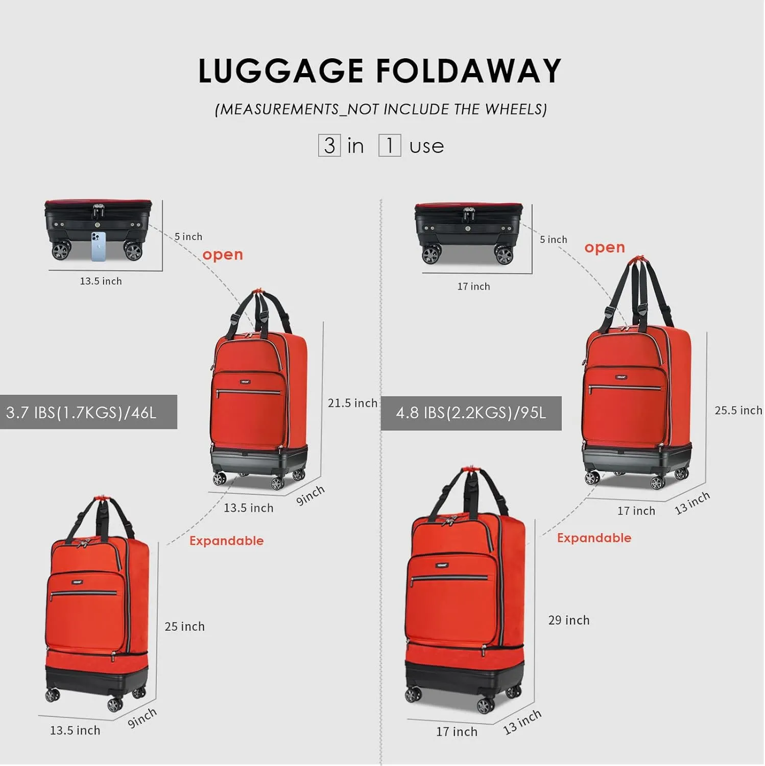 Verage Expandable Foldable Luggage Bag Collapsible Suitcases Rolling Travel Duffel Bag Larger Suit Case with Detachable Spinner Wheels,Red,24 Inch Expands into 28 Inch