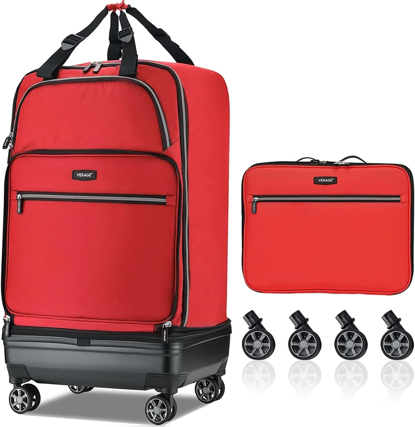 Verage Expandable Foldable Luggage Bag Collapsible Suitcases Rolling Travel Duffel Bag Larger Suit Case with Detachable Spinner Wheels,Red,24 Inch Expands into 28 Inch