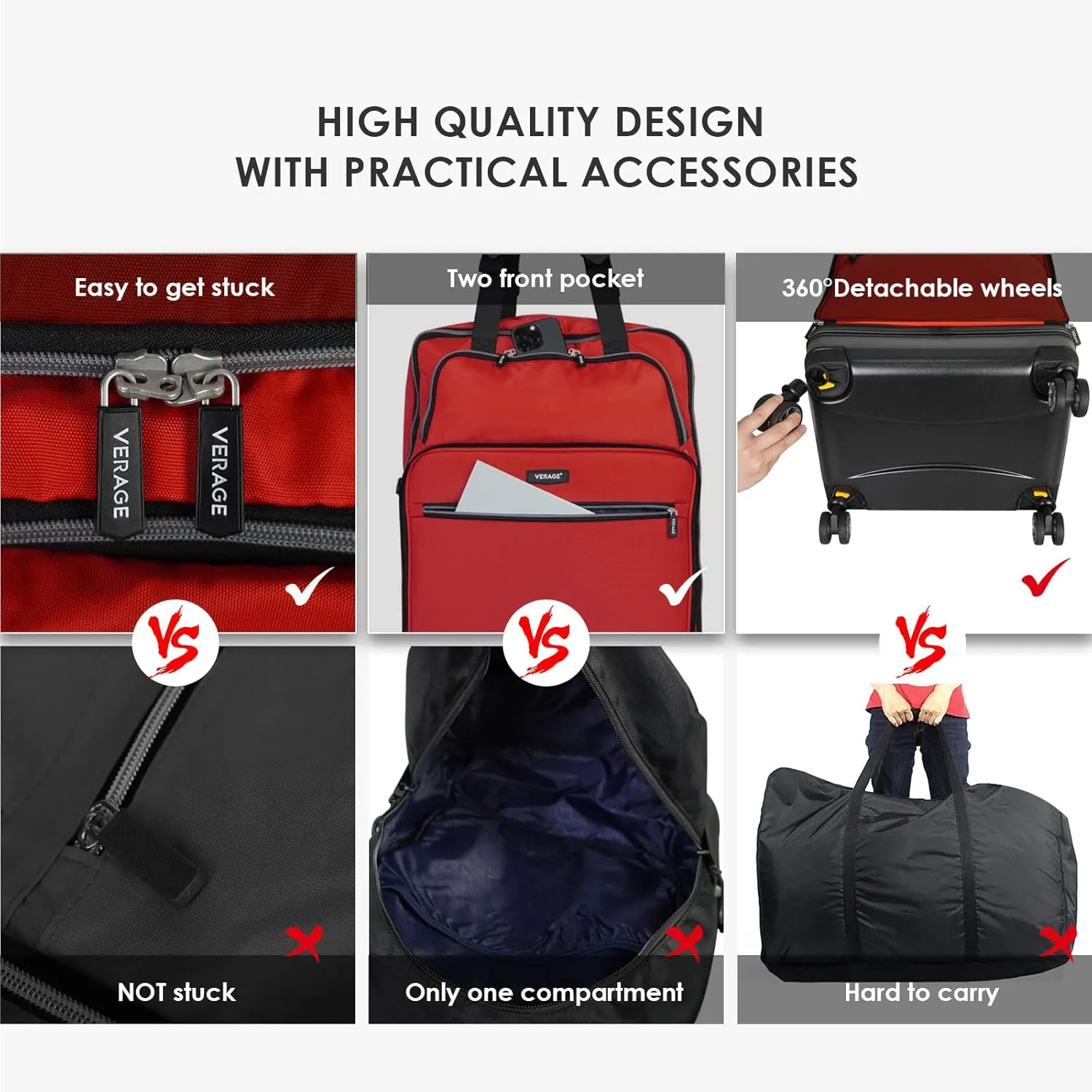 Verage Expandable Foldable Luggage Bag Collapsible Suitcases Rolling Travel Duffel Bag Larger Suit Case with Detachable Spinner Wheels,Red,24 Inch Expands into 28 Inch
