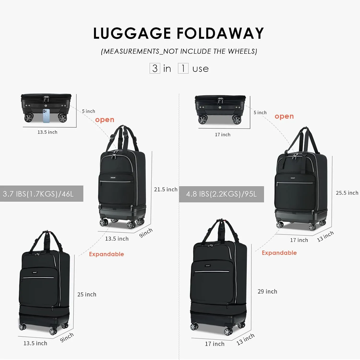 Verage Expandable Foldable Luggage Bag Collapsible Suitcases Rolling Travel Duffel Bag Lightweight Suit Case with Detachable Spinner Wheels