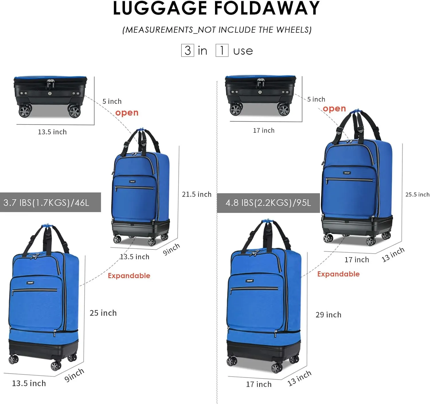 Verage Expandable Foldable Luggage Bag Collapsible Suitcases Rolling Travel Duffel Bag Lightweight Suit Case with Detachable Spinner Wheels(Blue,21 Inch Expands into 24 Inch)