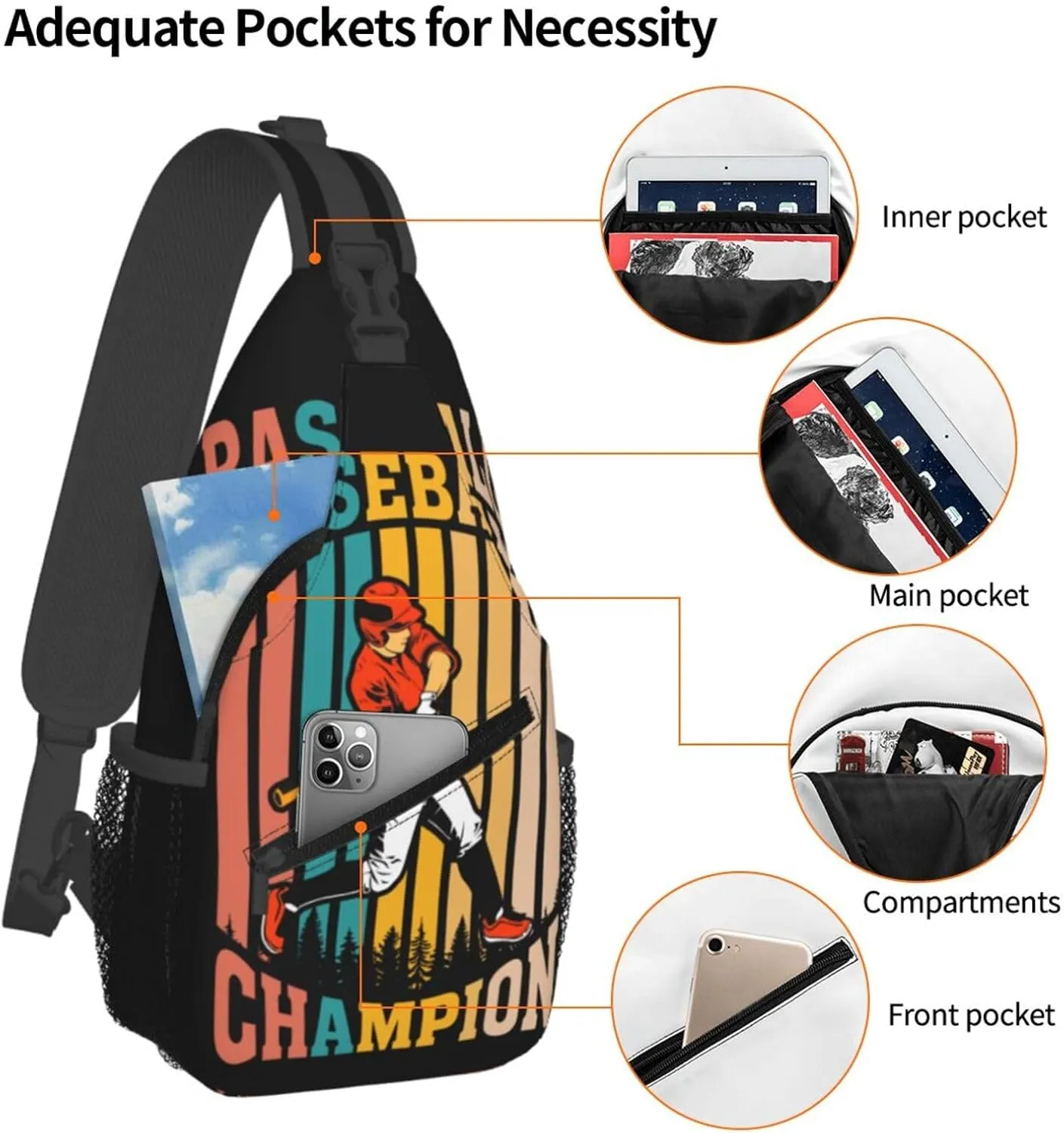 Vintage Baseball Champion Player Chest Bags Crossbody Sling Bag Shoulder Bag Travel Hiking Daypack For Men Women