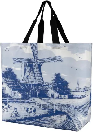 Vintage Blue Nederland Dutch Windmill Delft Large Totes Bag Women's Casual Purses Work Handbags Shopping Bag