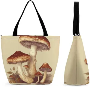 Vintage Edible Mushrooms Tote Bag Reusable Grocery Tote Bag Casual Travel Shoulder Bag Shopping Handbags for Women