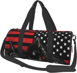 Vintage Motorcycle American Flag Round Travel Duffel Bag Large Capacity Gym Sports Bags for Hiking Vacation Trips