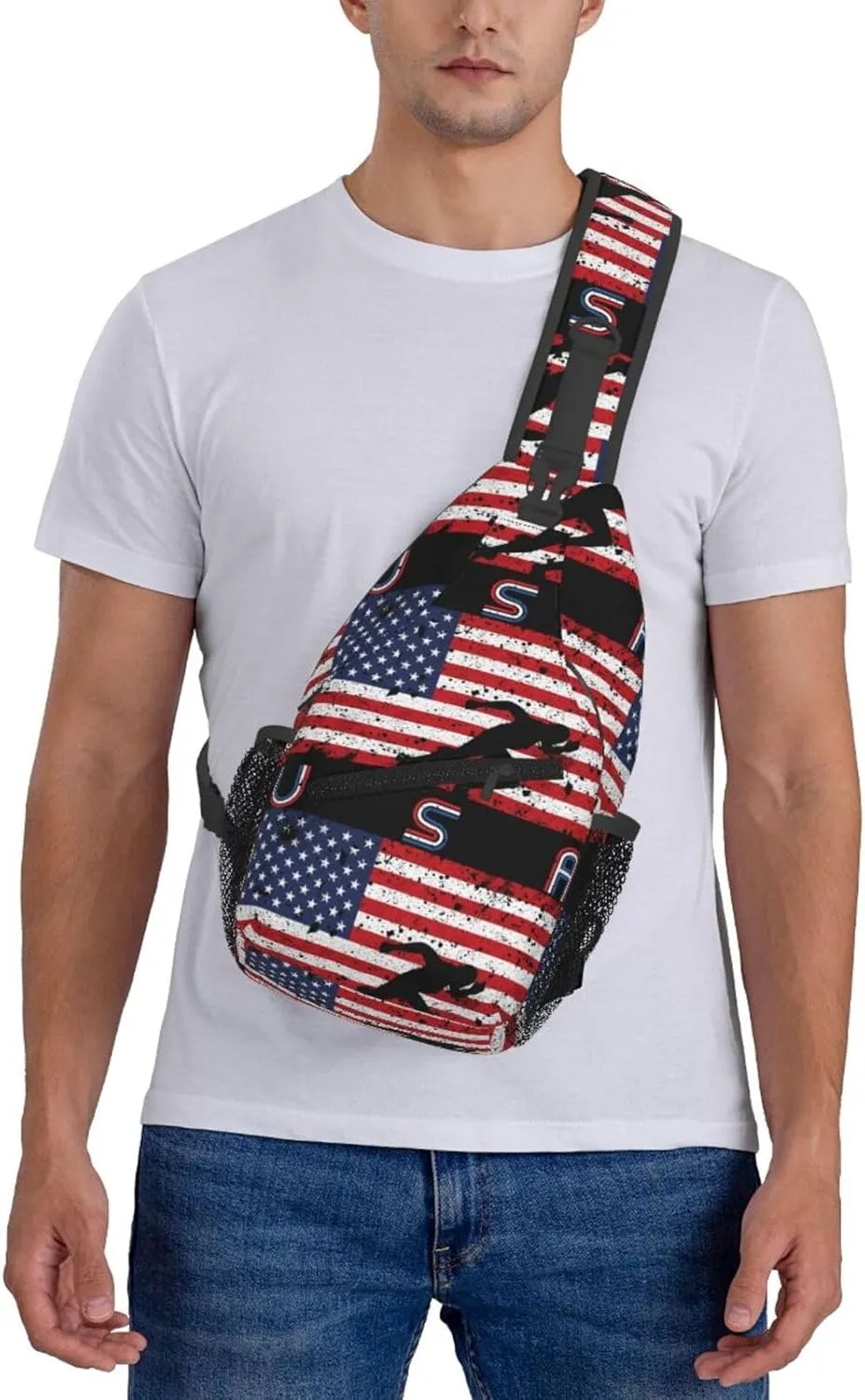 Vintage Wrestling Wrestle Wrestler American Flag Sling Bag Chest Bags Casual Crossbody Bag Travel Shoulder Backpack