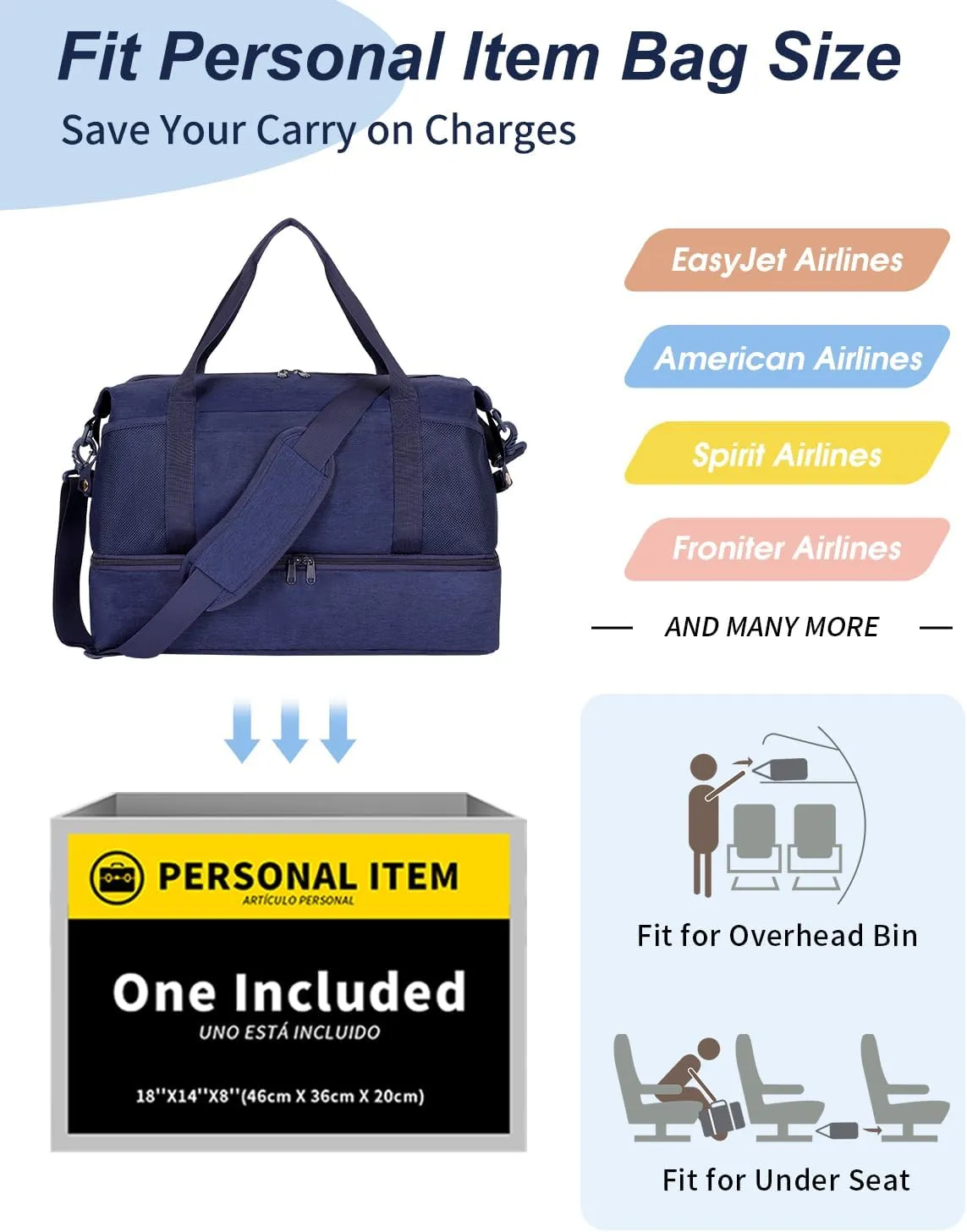 Wandering Nature For Spirit Airlines Personal Item Bag 18x14x8 Travel Duffel Bag Underseat Carry on Luggage with Shoe Compartment Wet Pocke Toiletry Pouch for Women Men Patent Pending