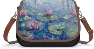 Water Lilies Lotues Weeping Willow Leather Crossbody Bags for Women Travel Shoulder Backpack Messenger Bag Adjustable Shoulder Strap