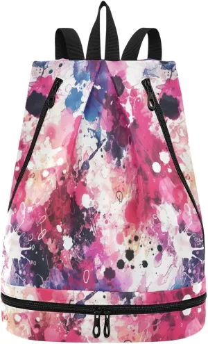 Watercolor Abstract Splash-ink Red Purple Drawstring gym bags yoga bag for men with Wet Dry Compartments