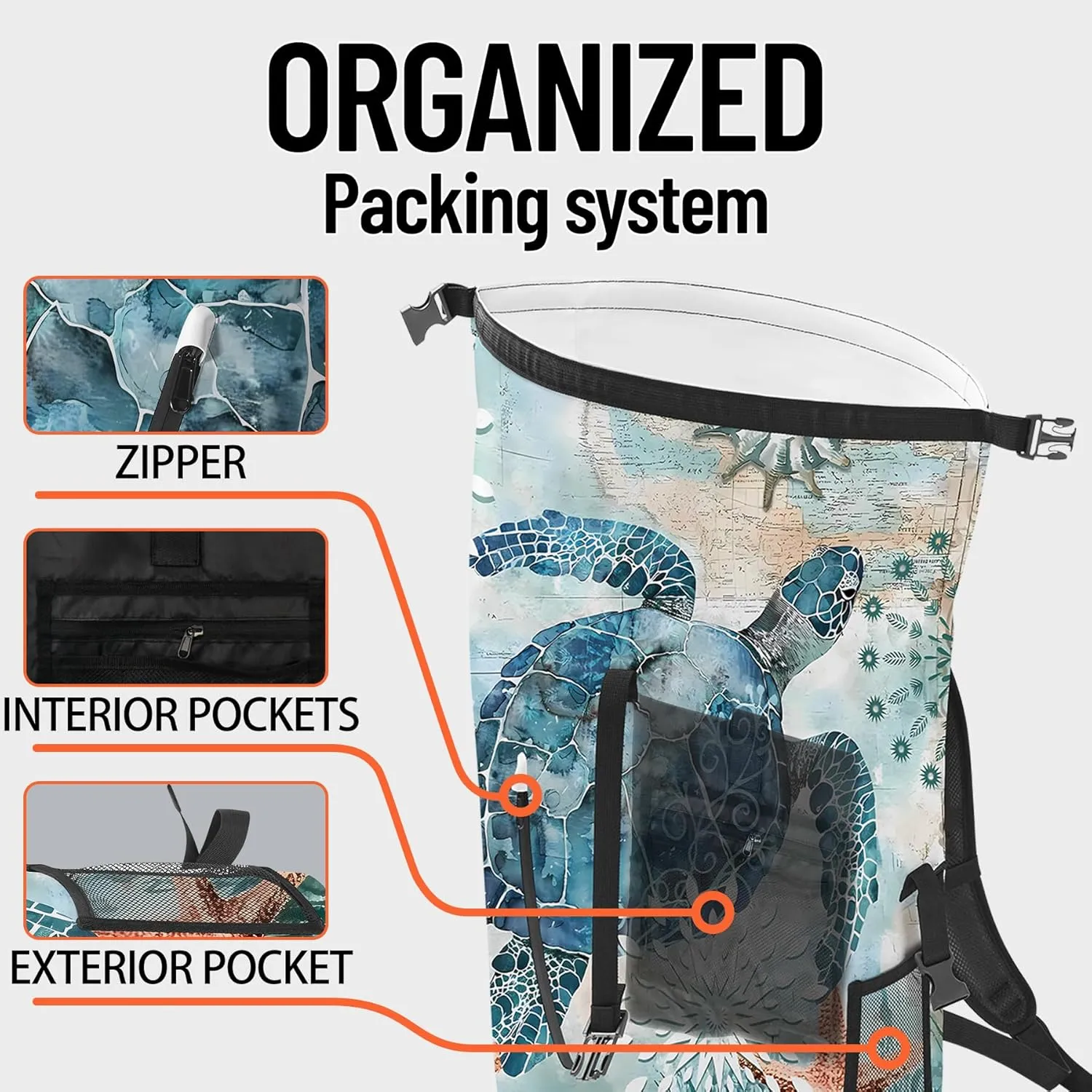 Waterproof Dry Bag Heavy Duty Marine Dry Bags for Kayaking Hiking Sea Turtle Nautical Starfish Backpack Roll-Top Closure Bag - Backpack Waterproof Phone Case 35L/55L/85L