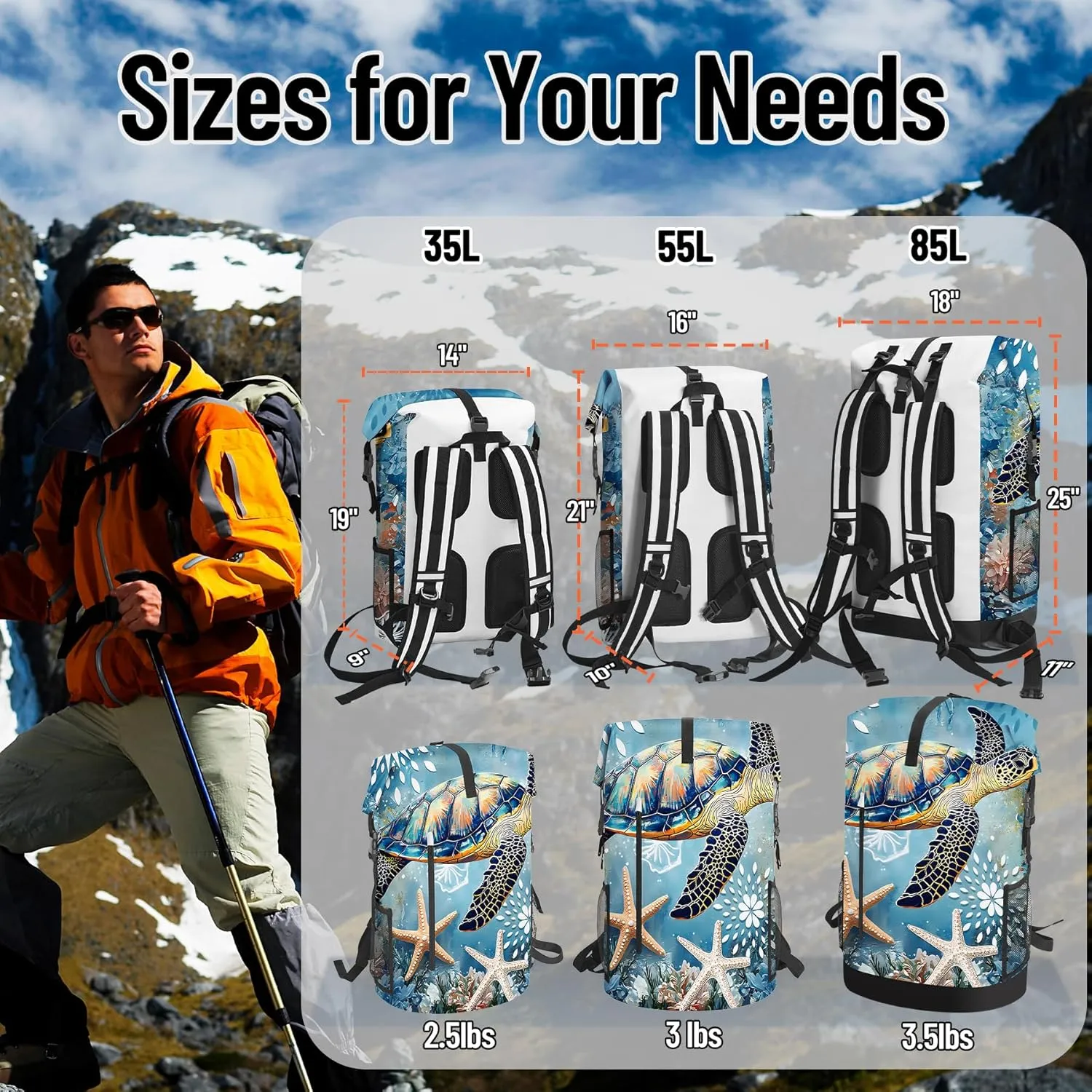 Waterproof Dry Bag Heavy Duty Marine Dry Bags for Kayaking Hiking Sea Turtle Nautical Starfish Backpack Roll-Top Closure Bag - Backpack Waterproof Phone Case 35L/55L/85L