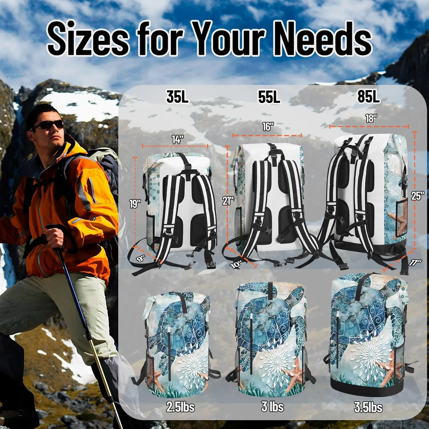 Waterproof Dry Bag Heavy Duty Marine Dry Bags for Kayaking Hiking Sea Turtle Nautical Starfish Backpack Roll-Top Closure Bag - Backpack Waterproof Phone Case 35L/55L/85L