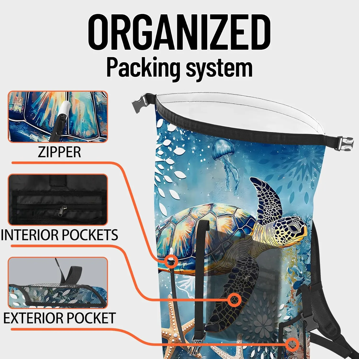 Waterproof Dry Bag Heavy Duty Marine Dry Bags for Kayaking Hiking Sea Turtle Nautical Starfish Backpack Roll-Top Closure Bag - Backpack Waterproof Phone Case 35L/55L/85L