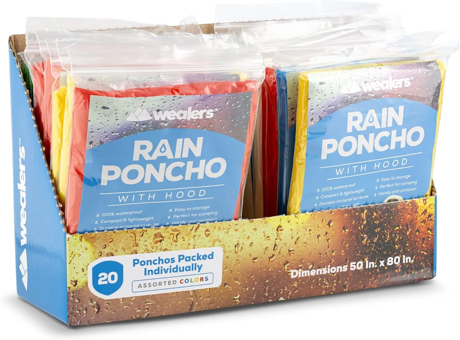 Wealers Rain Ponchos for Adults Teens Disposable Bulk Pack Emergency Raincoat Parks Outdoors Multi Colors Waterproof