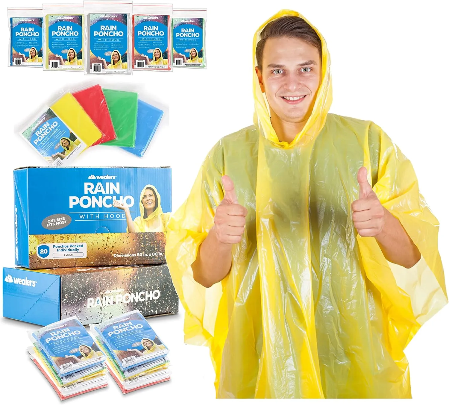 Wealers Rain Ponchos for Adults Teens Disposable Bulk Pack Emergency Raincoat Parks Outdoors Multi Colors Waterproof