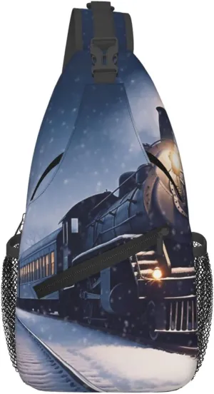 Winter Christmas Snow Night Railway Train Sling Bag for Men Women Crossbody Chest Bag Sling Backpack Travel Hiking Daypack Outdoor
