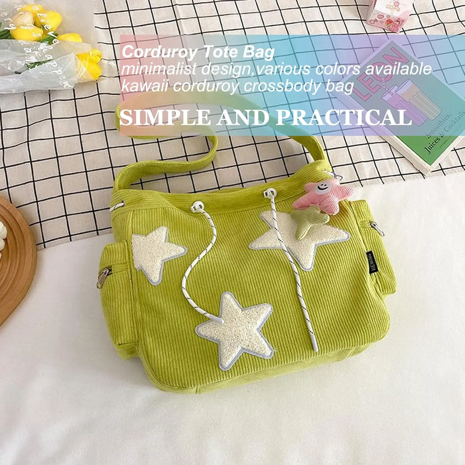 Women Corduroy Tote Bag, Large Shoulder Hobo Bags with Zipper Cute Messenger Bag Kawaii Handbags Y2K Travel Work Bag