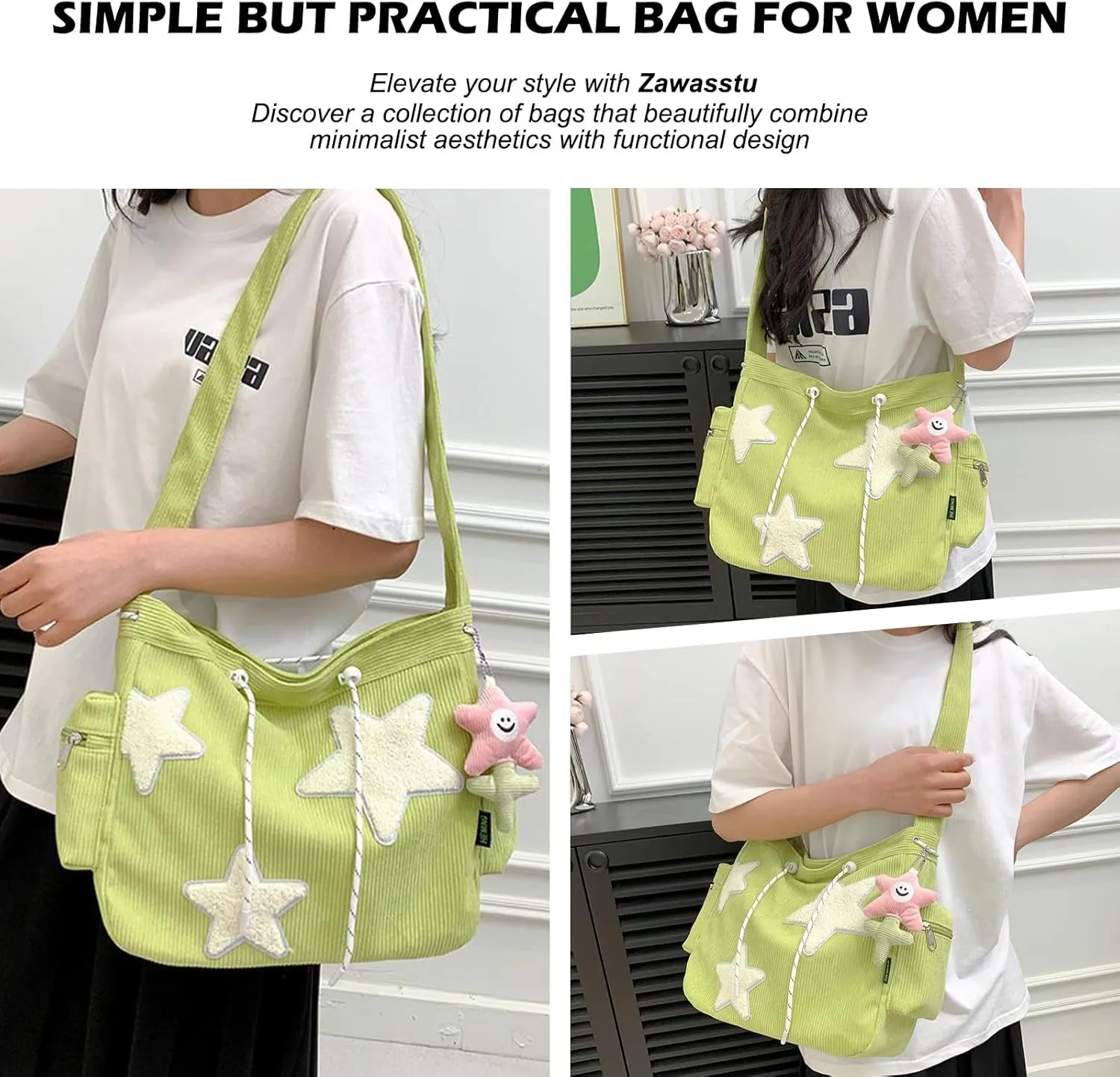 Women Corduroy Tote Bag, Large Shoulder Hobo Bags with Zipper Cute Messenger Bag Kawaii Handbags Y2K Travel Work Bag
