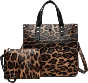 Women Leopard Animal Print PU Leather Handbag Lady Shoulder Bags Tote Purse Messenger Satchel Hobo Bags 2PCS/Set