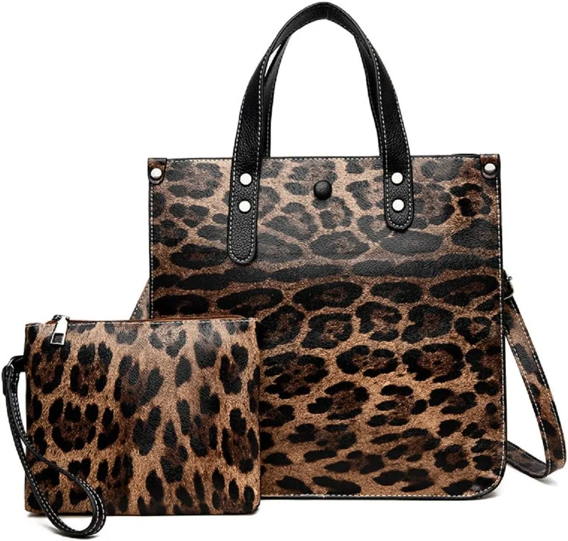 Women Leopard Animal Print PU Leather Handbag Lady Shoulder Bags Tote Purse Messenger Satchel Hobo Bags 2PCS/Set