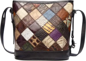 Women Multicolor Shoulder Bag Genuine Leather Handbag Random Colorful Splicing Crossbody Bag Printing Satchels, One Color, One Size