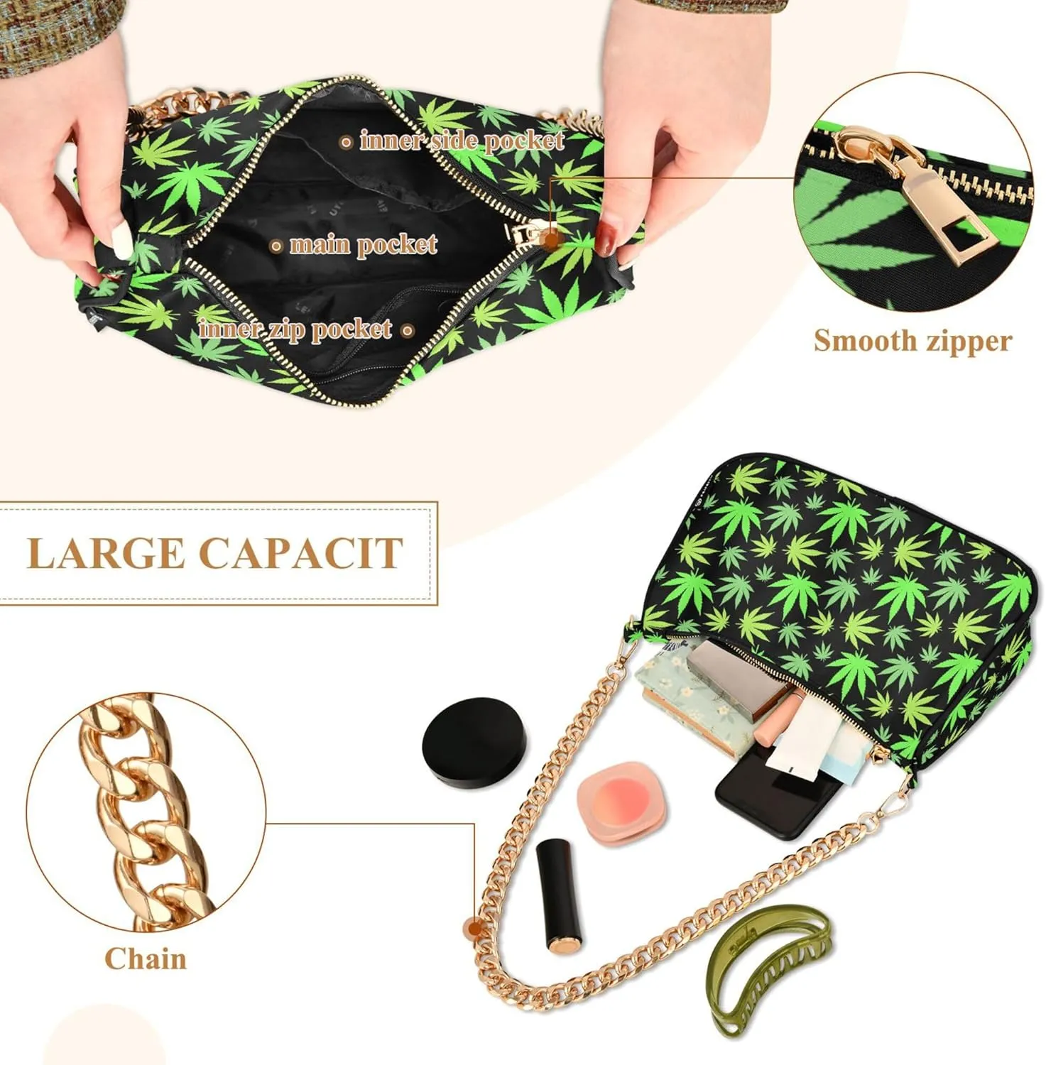 Women's Handbags Tote Crossbody Bag Stylish Purse Ladies Shoulder Bag Handbag Cannabis Leaves Black Crescent Bag