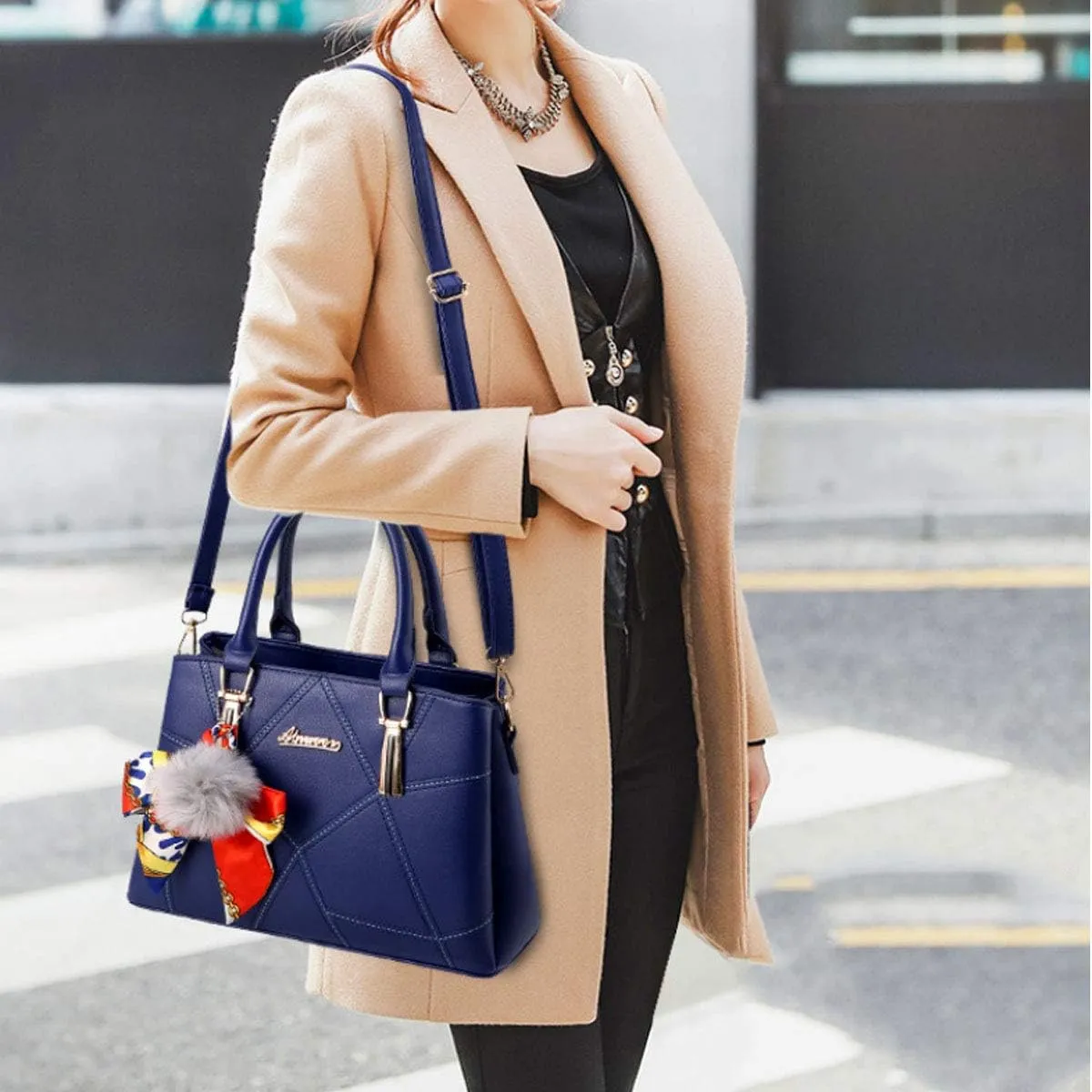 Womens Leather Handbags Purses Top-handle Totes Satchel Shoulder Bag for Ladies With Pompon and Bowknot