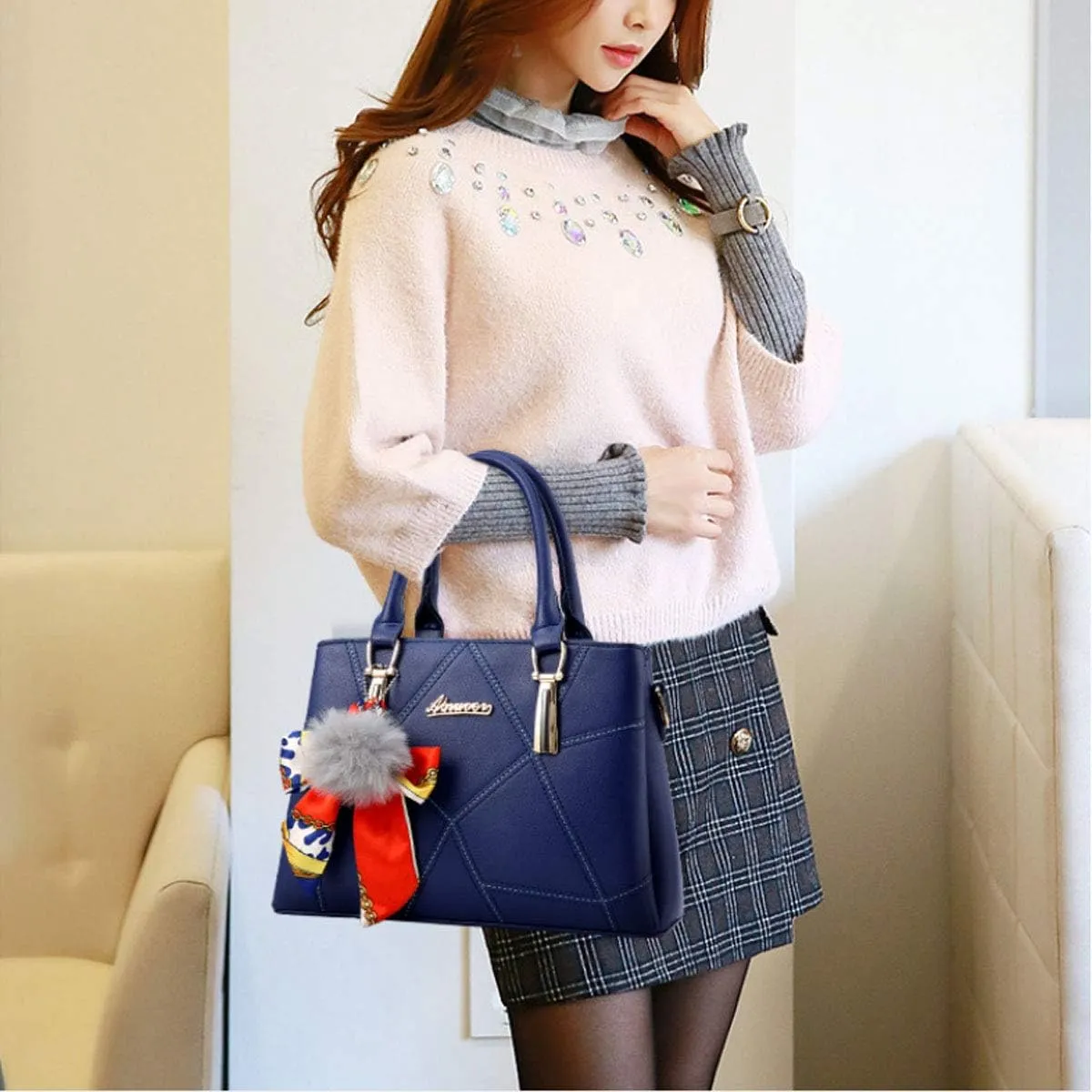 Womens Leather Handbags Purses Top-handle Totes Satchel Shoulder Bag for Ladies With Pompon and Bowknot
