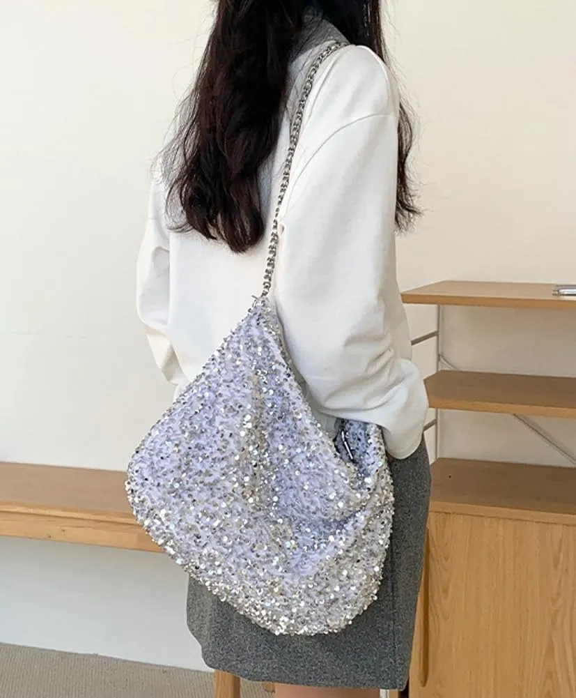 Women's Shiny Shoulder Bag Fashion Crossbody Bag Large Totes Soft Handbag Y2k Purse Top Handle Bag with Chain