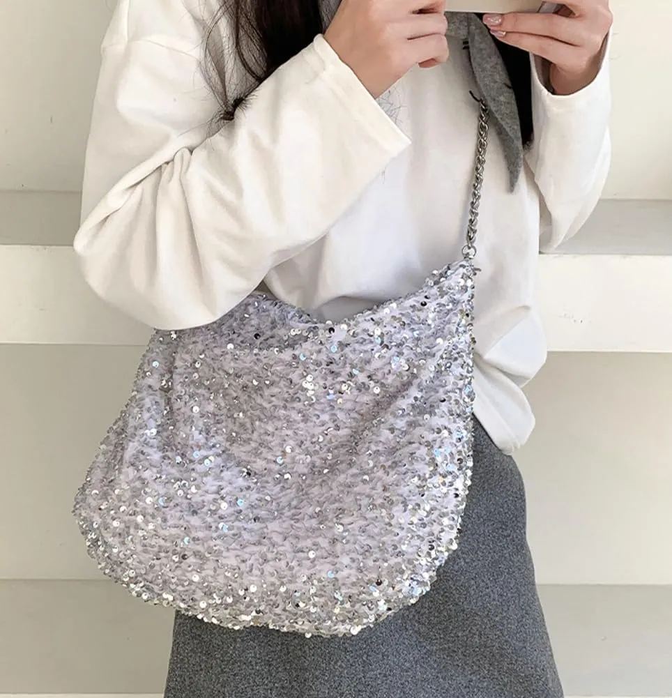 Women's Shiny Shoulder Bag Fashion Crossbody Bag Large Totes Soft Handbag Y2k Purse Top Handle Bag with Chain