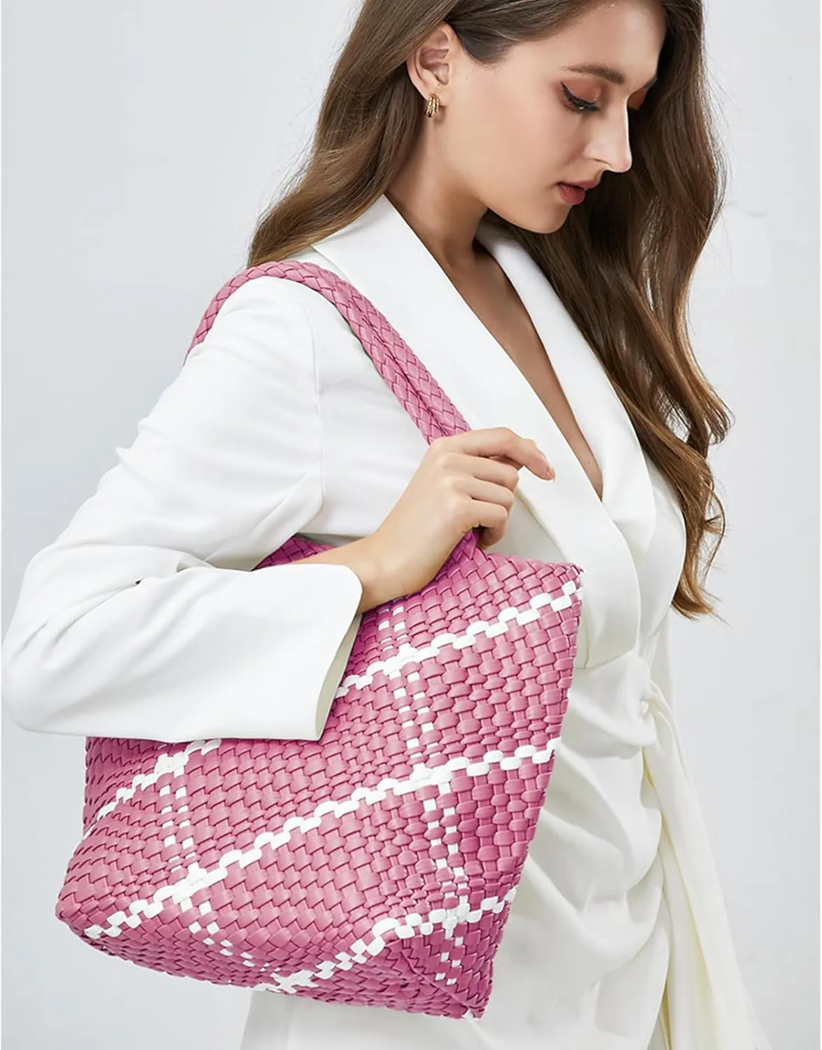 Woven Handbag for Women Top Handle Shoulder Bag Vegan Leather Shopper Bag Large Travel Totes Summer Beach Tote Bags